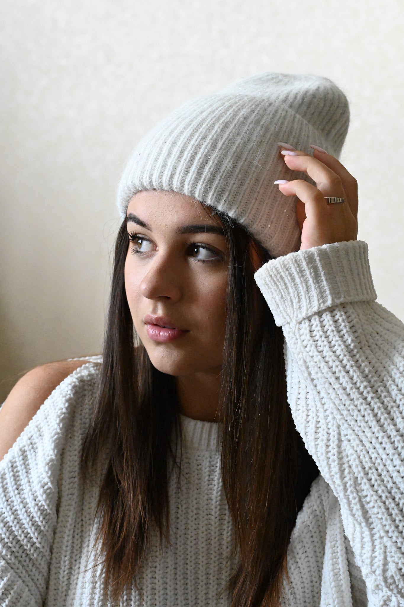 Warm, soft and fluffy Angora beanie, mini sequins, ecru