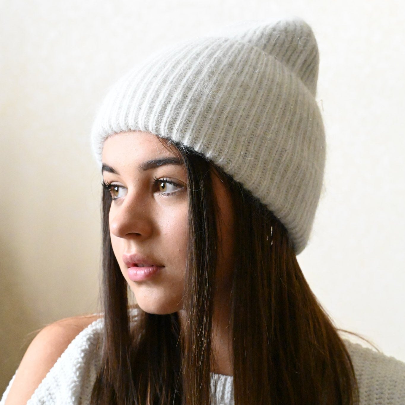 Warm, soft and fluffy Angora beanie, mini sequins, ecru