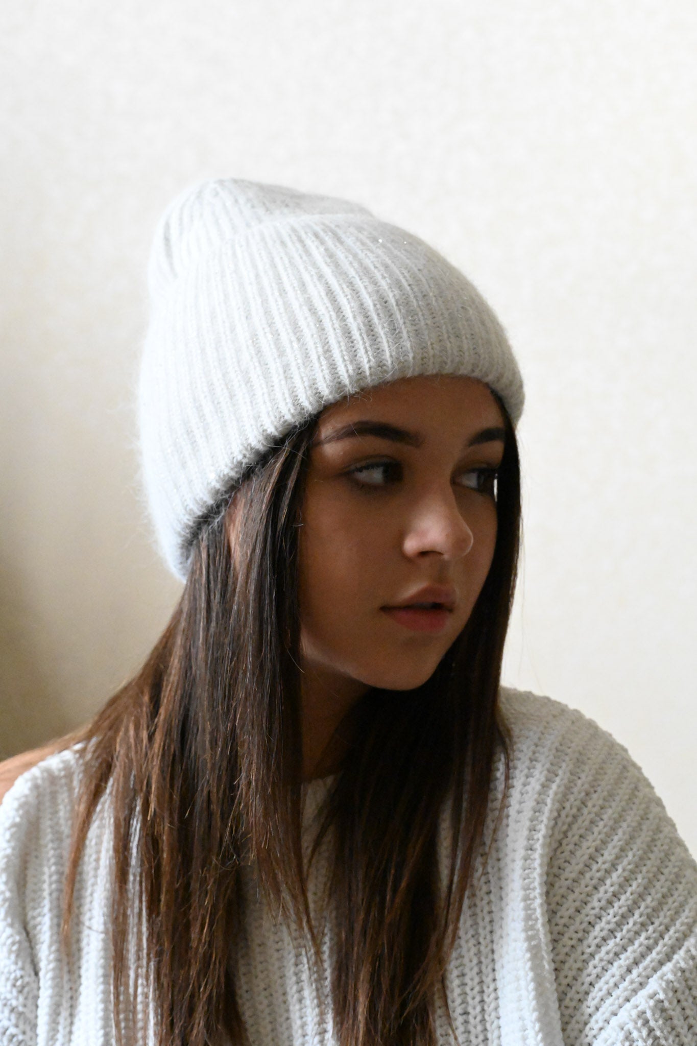 Warm, soft and fluffy Angora beanie, mini sequins, ecru