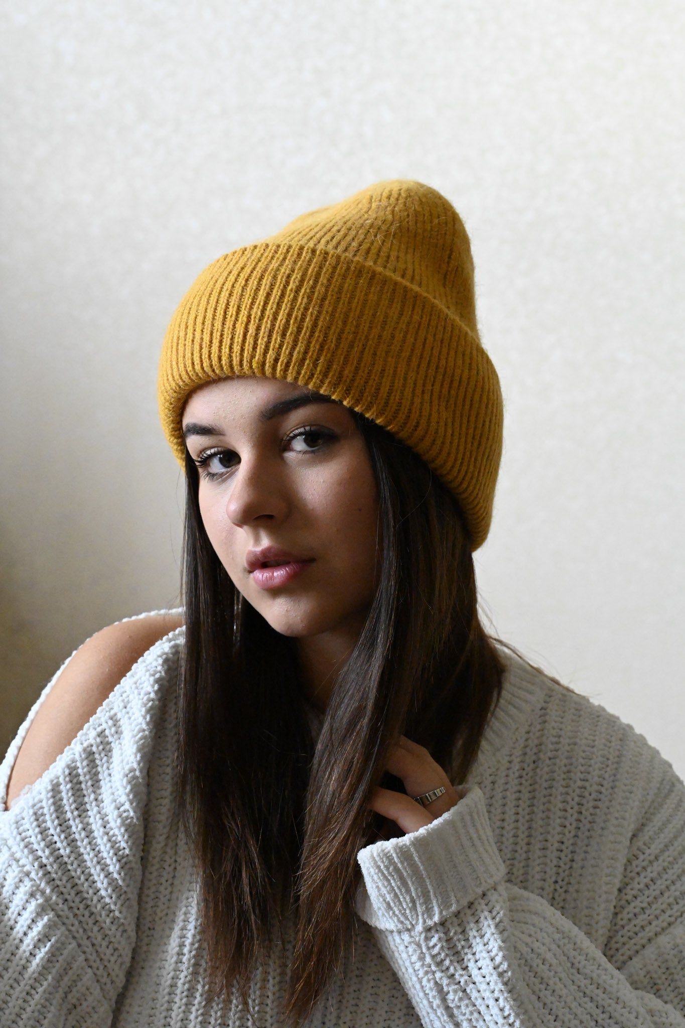 Warm, soft and fluffy Angora Beanie, mustard