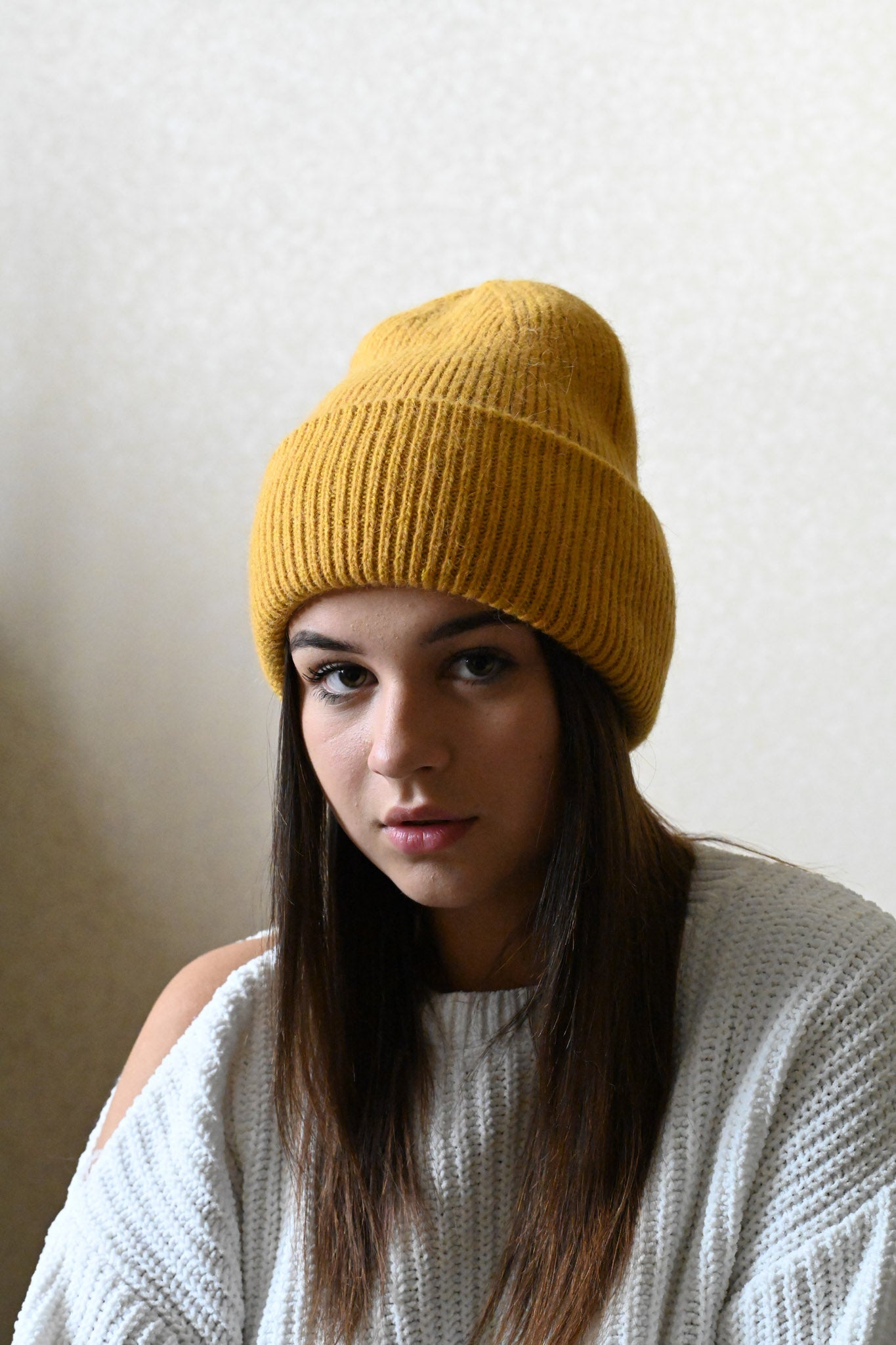 Warm, soft and fluffy Angora Beanie, mustard