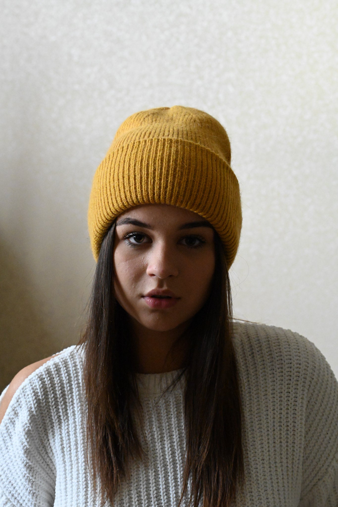 Warm, soft and fluffy Angora Beanie, mustard