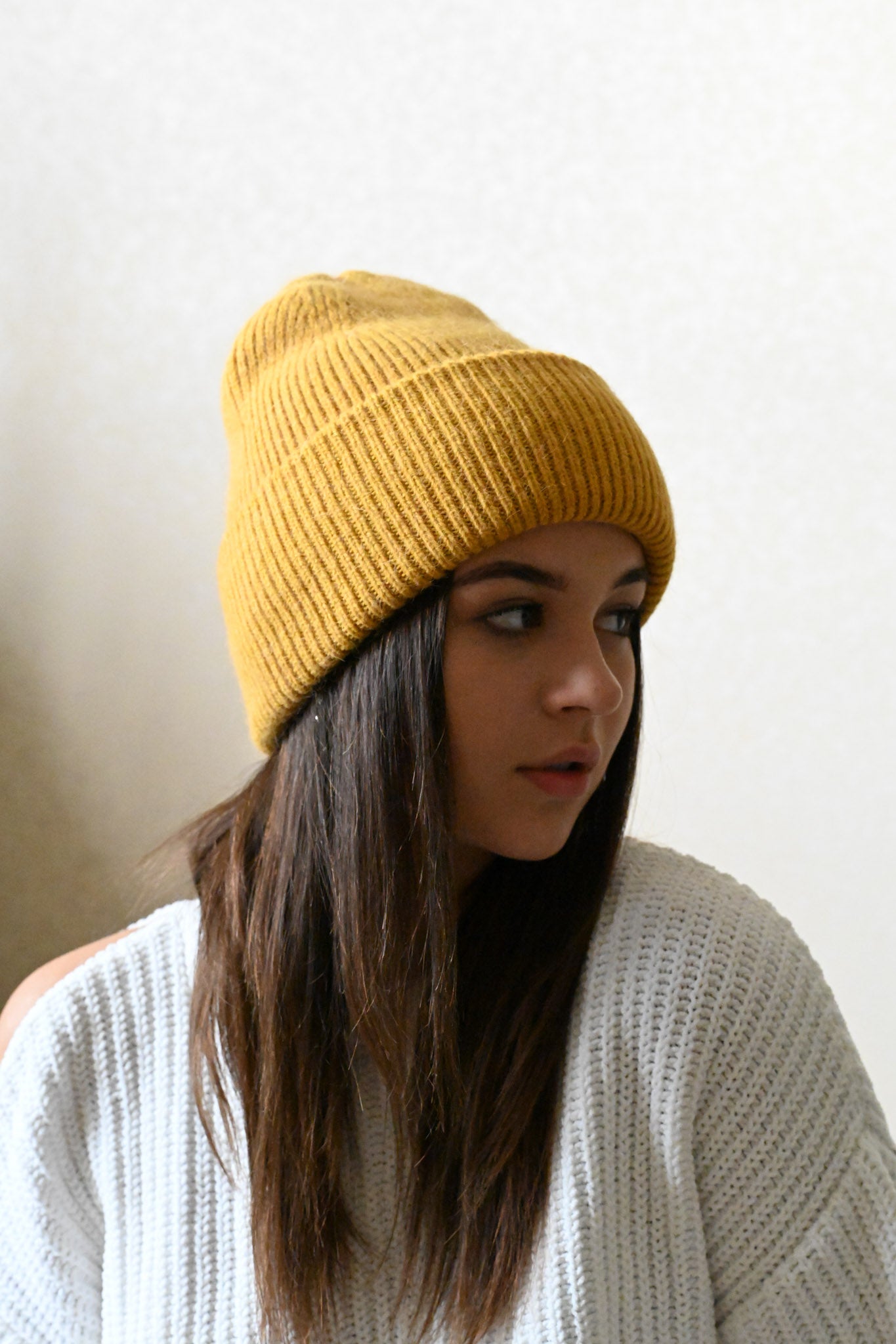 Warm, soft and fluffy Angora Beanie, mustard