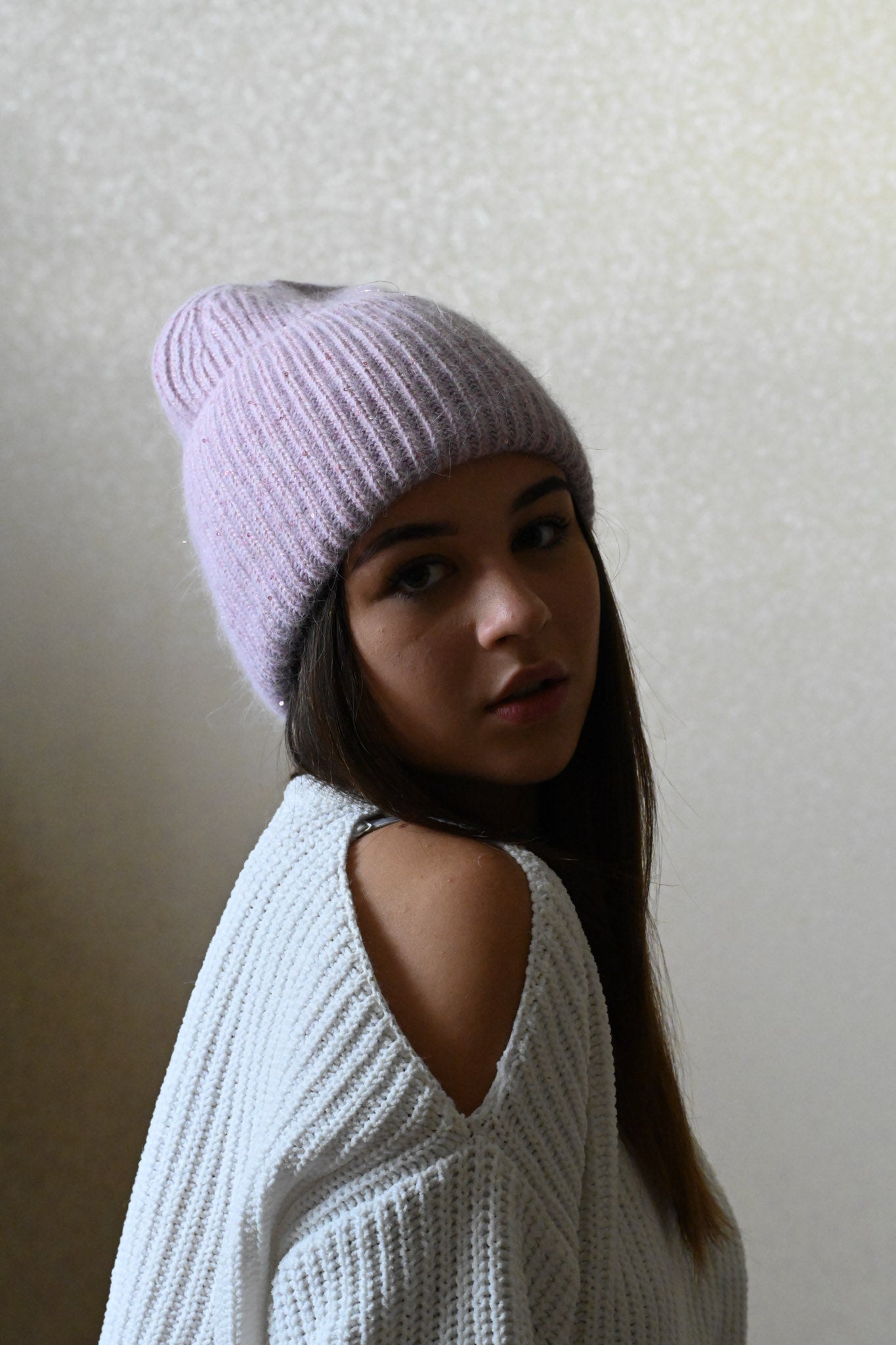 Warm, Soft and Fluffy Angora Beanie, mini sequins, lilac