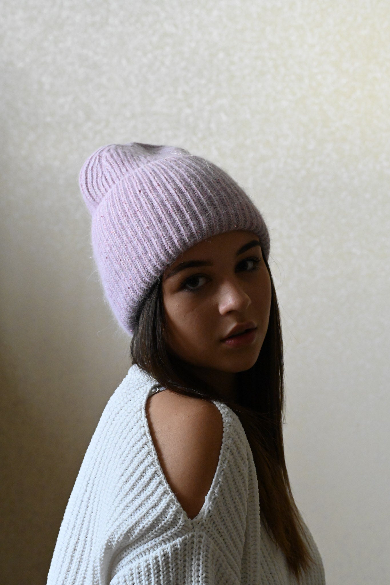 Warm, Soft and Fluffy Angora Beanie, mini sequins, lilac