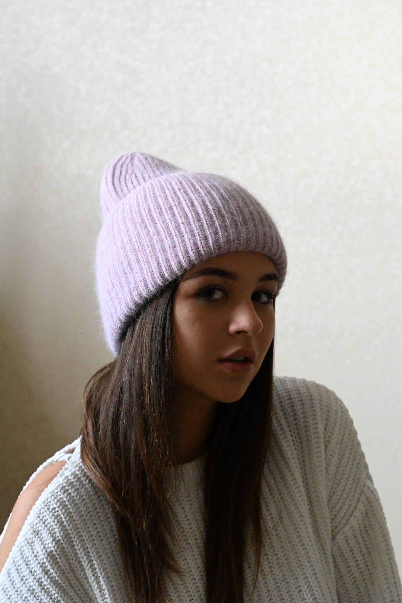 Warm, Soft and Fluffy Angora Beanie, mini sequins, lilac