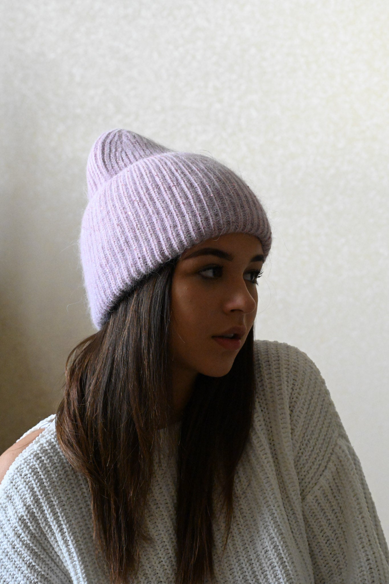 Warm, Soft and Fluffy Angora Beanie, mini sequins, lilac
