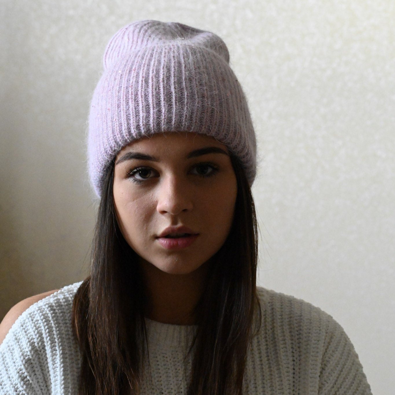 Warm, Soft and Fluffy Angora Beanie, mini sequins, lilac