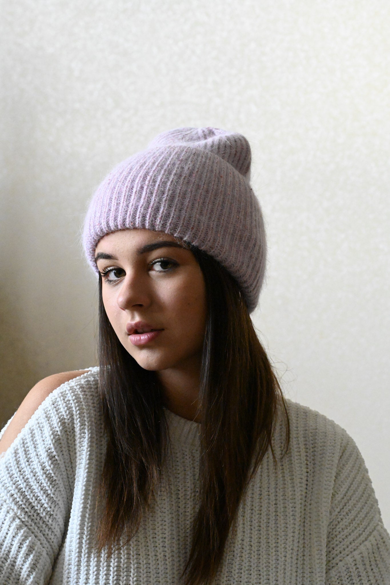 Warm, Soft and Fluffy Angora Beanie, mini sequins, lilac