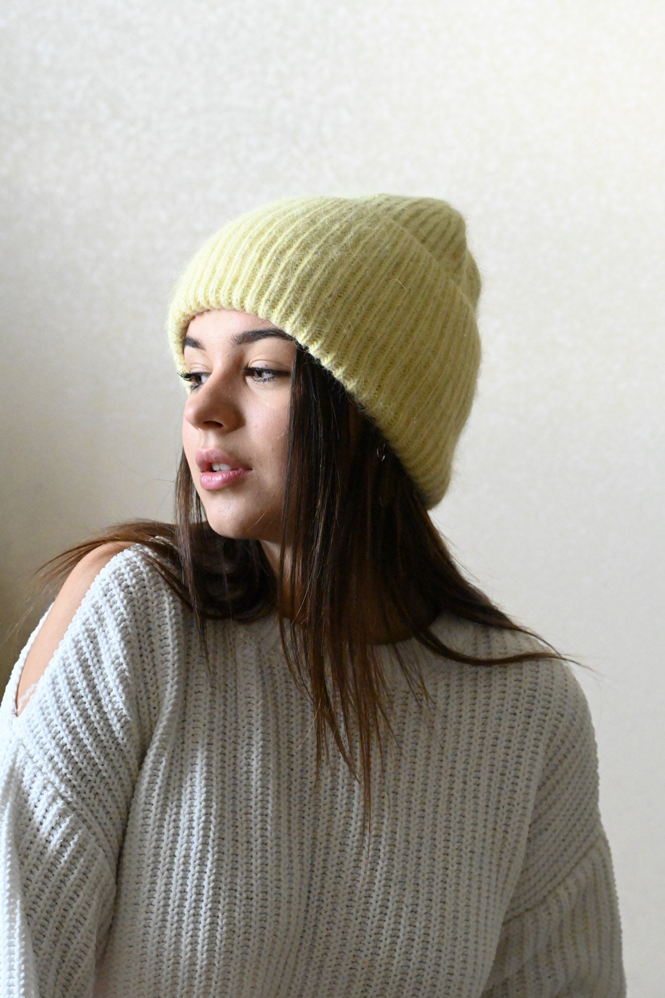 Warm, Soft and Fluffy Angora Beanie, mini sequins, yellow