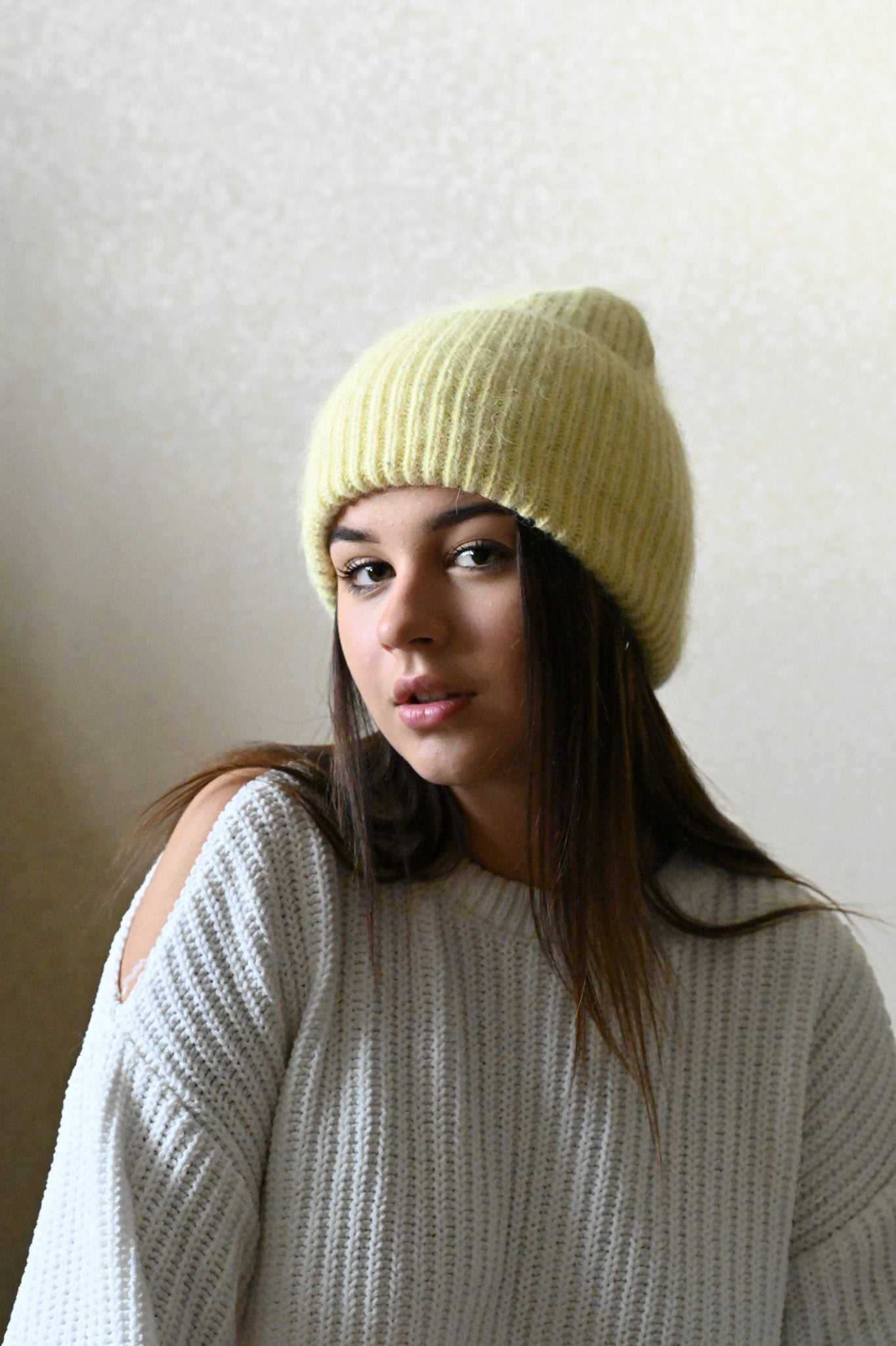 Warm, Soft and Fluffy Angora Beanie, mini sequins, yellow