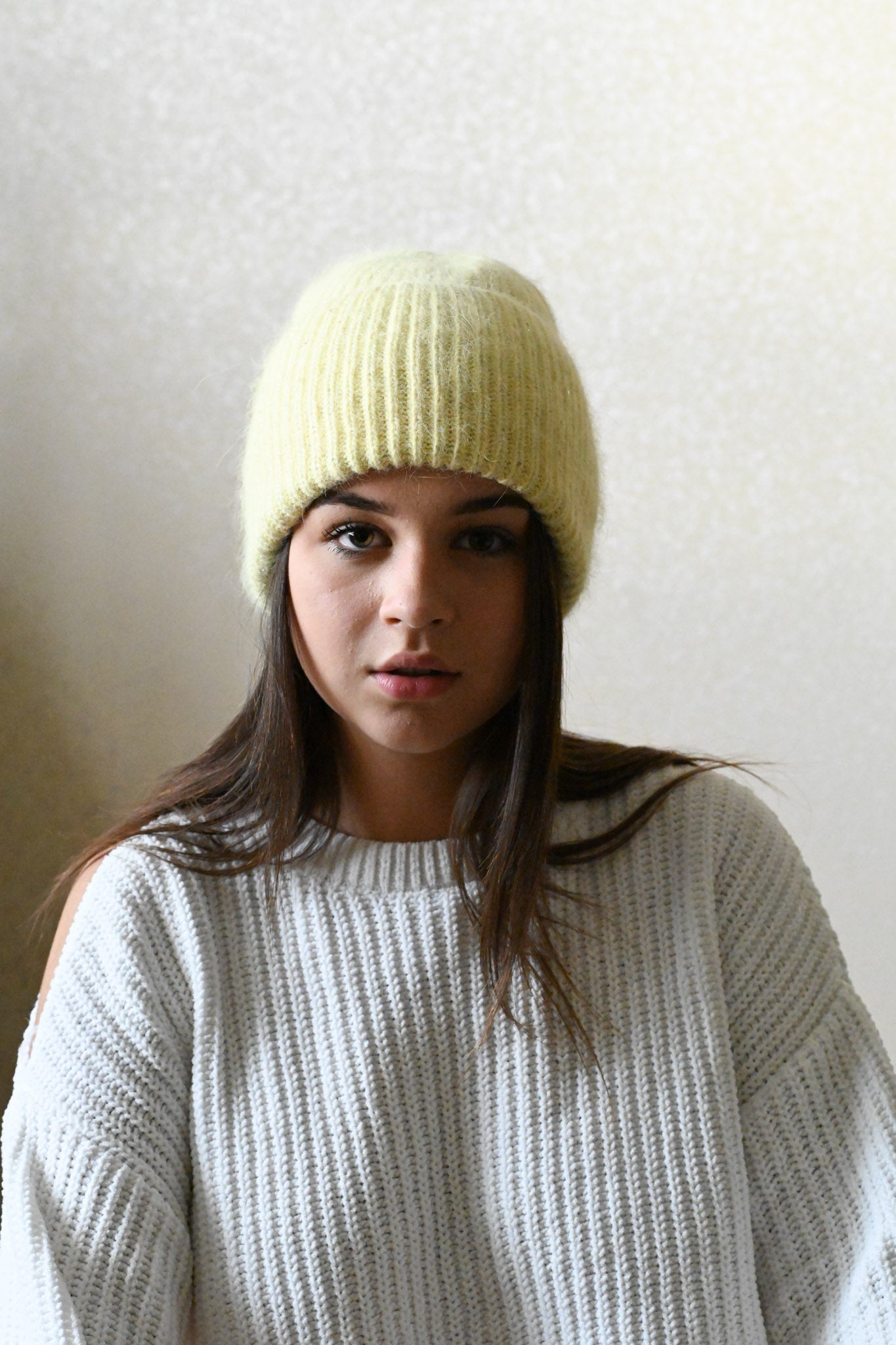Warm, Soft and Fluffy Angora Beanie, mini sequins, yellow