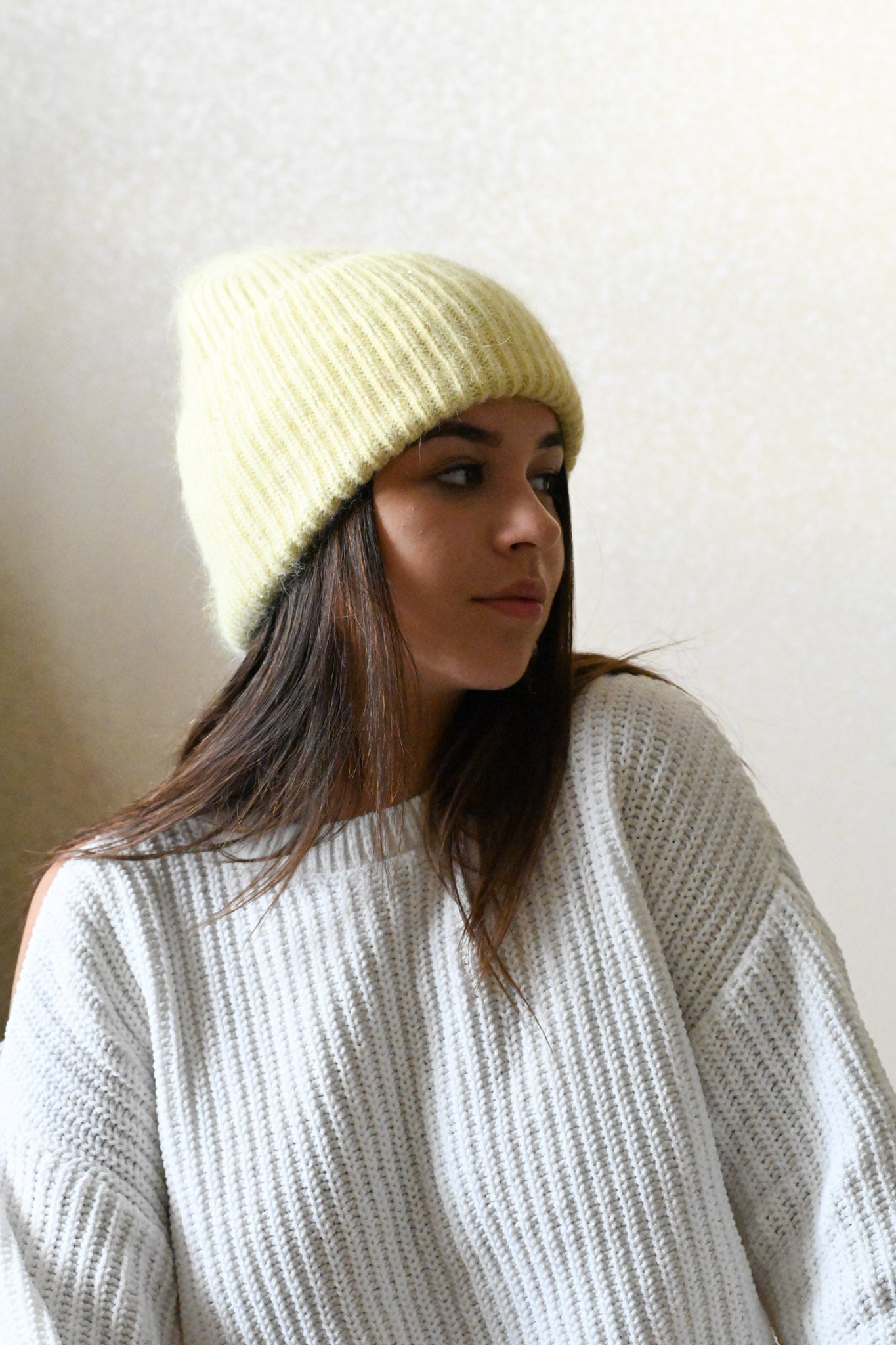 Warm, Soft and Fluffy Angora Beanie, mini sequins, yellow
