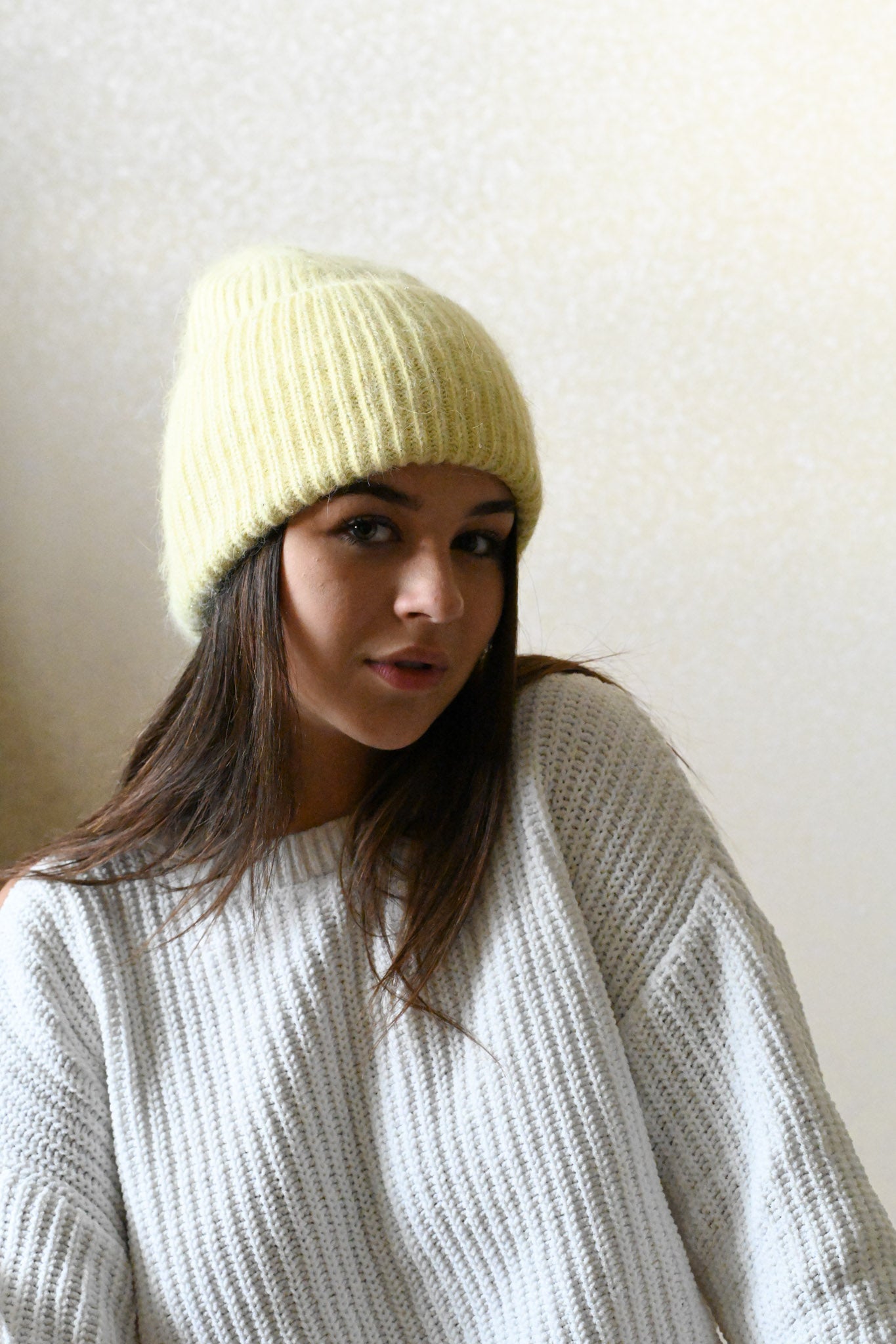 Warm, Soft and Fluffy Angora Beanie, mini sequins, yellow