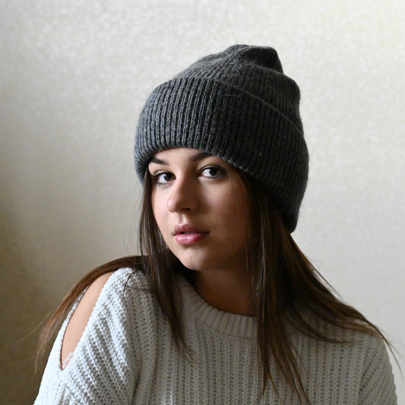 Warm, soft and fluffy Angora Beanie, dark grey