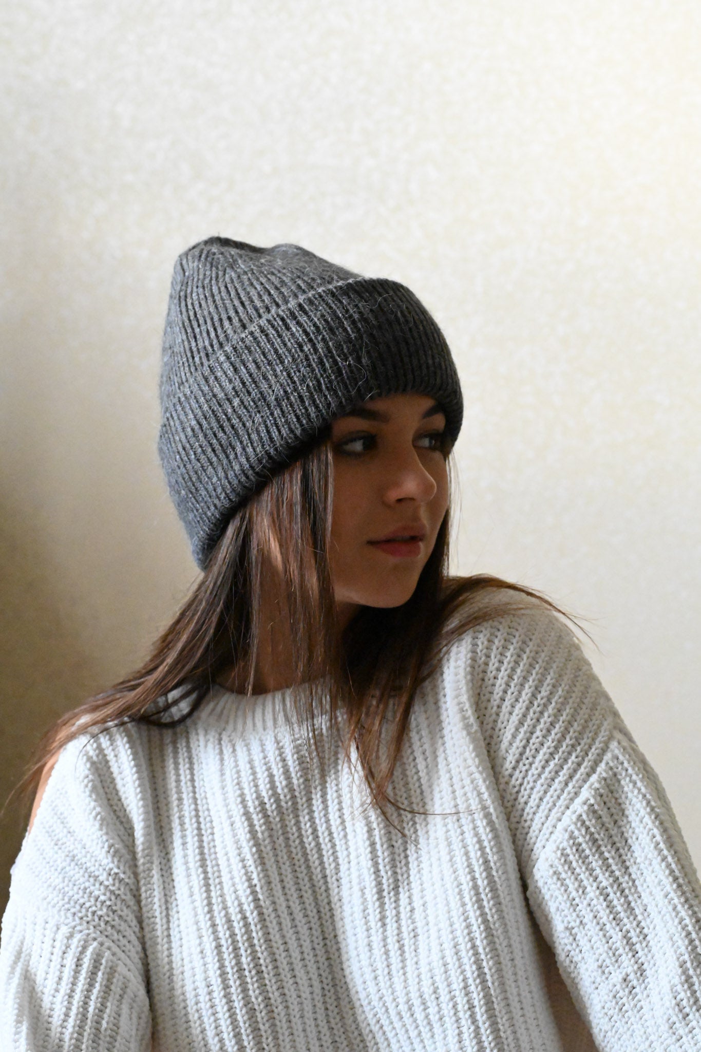 Warm, soft and fluffy Angora Beanie, dark grey