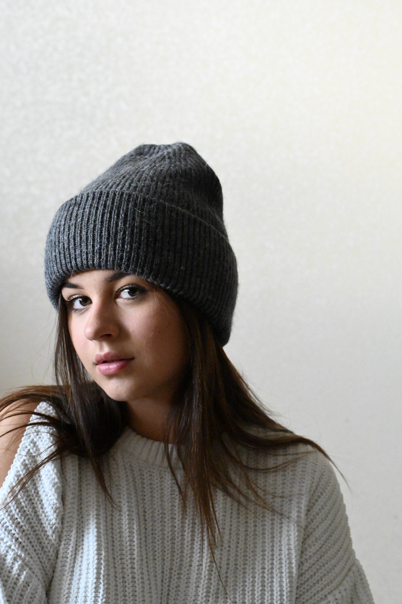 Warm, soft and fluffy Angora Beanie, dark grey