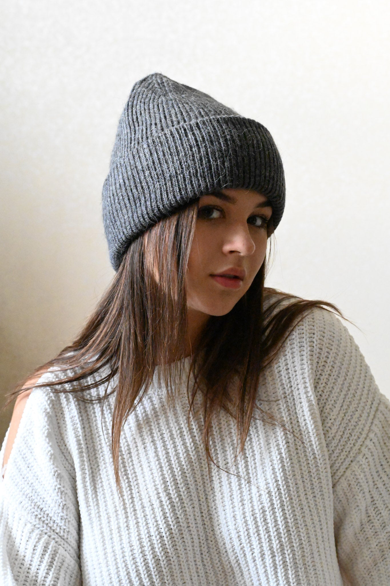 Warm, soft and fluffy Angora Beanie, dark grey