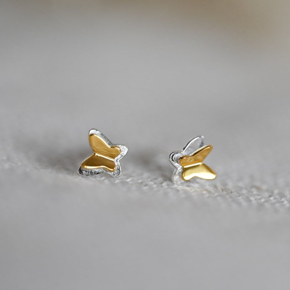 Mini butterfly stud earrings bicolor, 925 silver, 18K gold