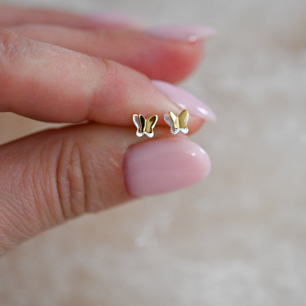 Mini butterfly stud earrings bicolor, 925 silver, 18K gold
