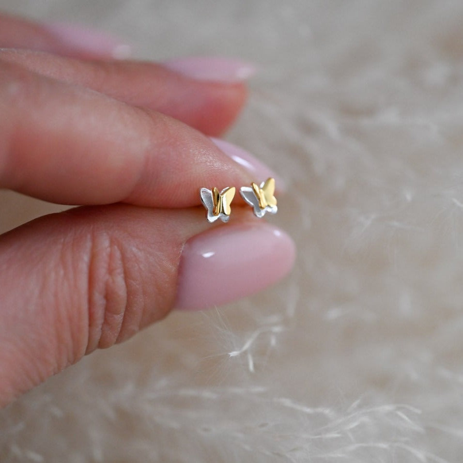 Mini butterfly stud earrings bicolor, 925 silver, 18K gold
