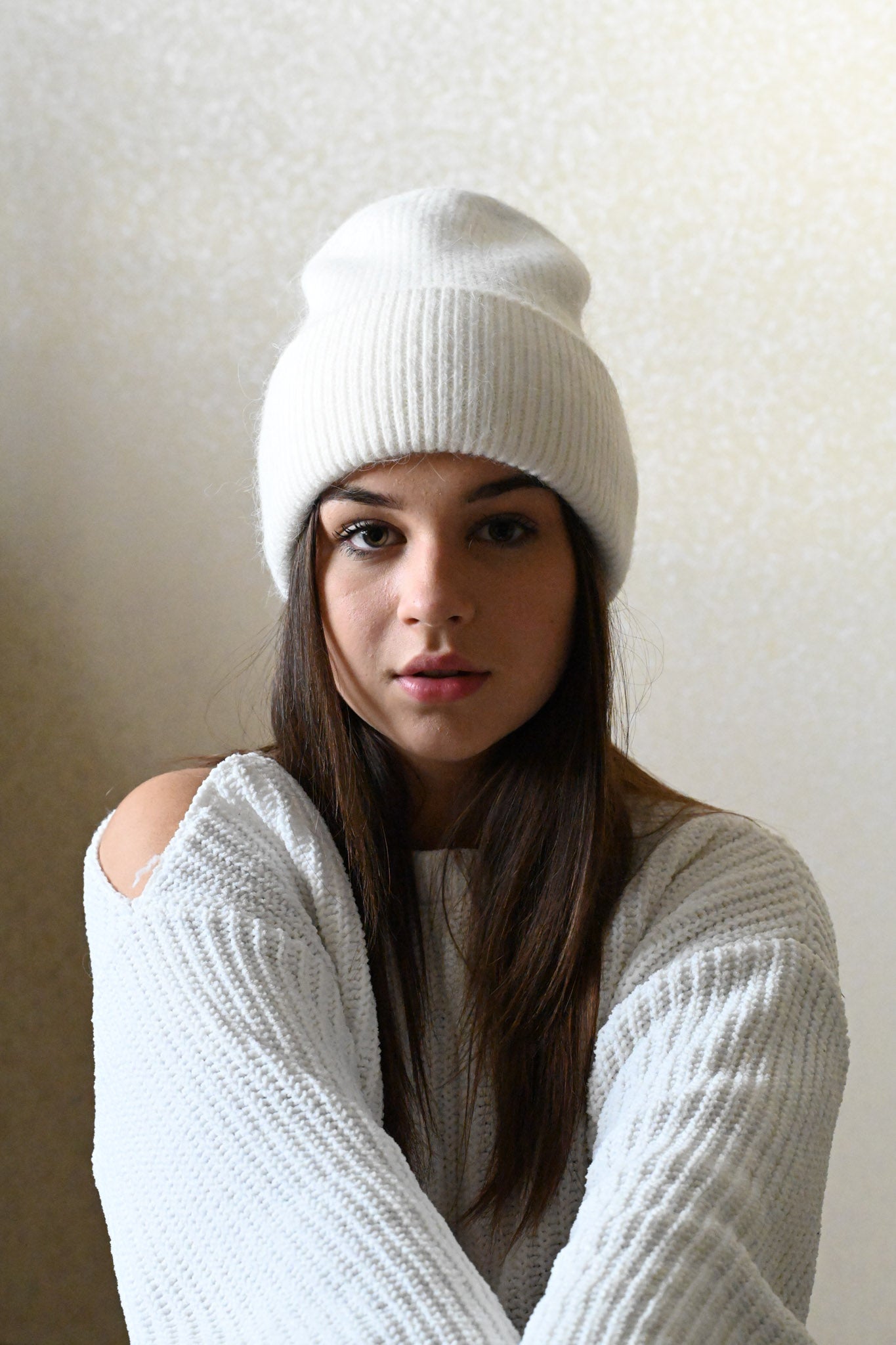 Warm, soft and fluffy Angora Beanie, white