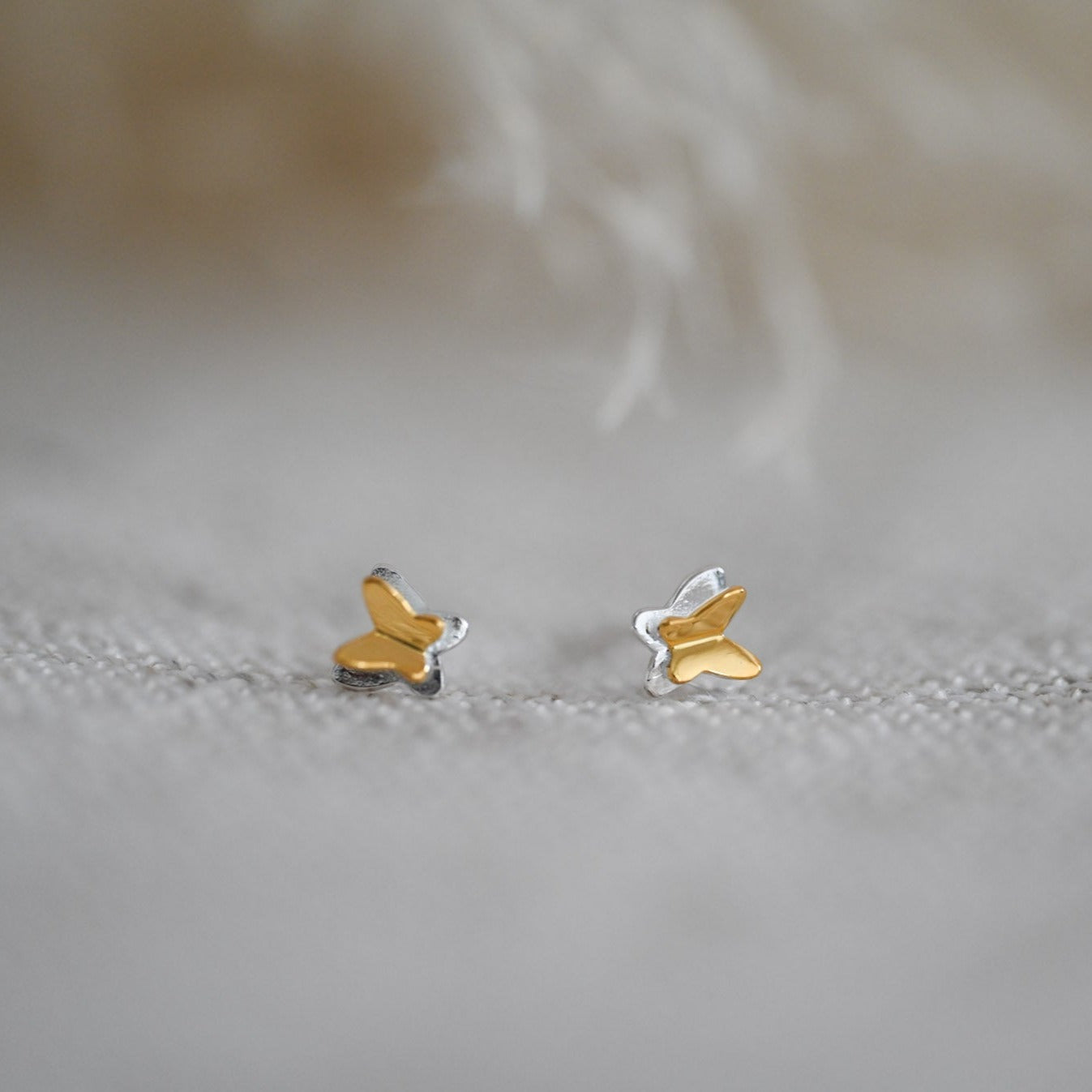 Mini butterfly stud earrings bicolor, 925 silver, 18K gold
