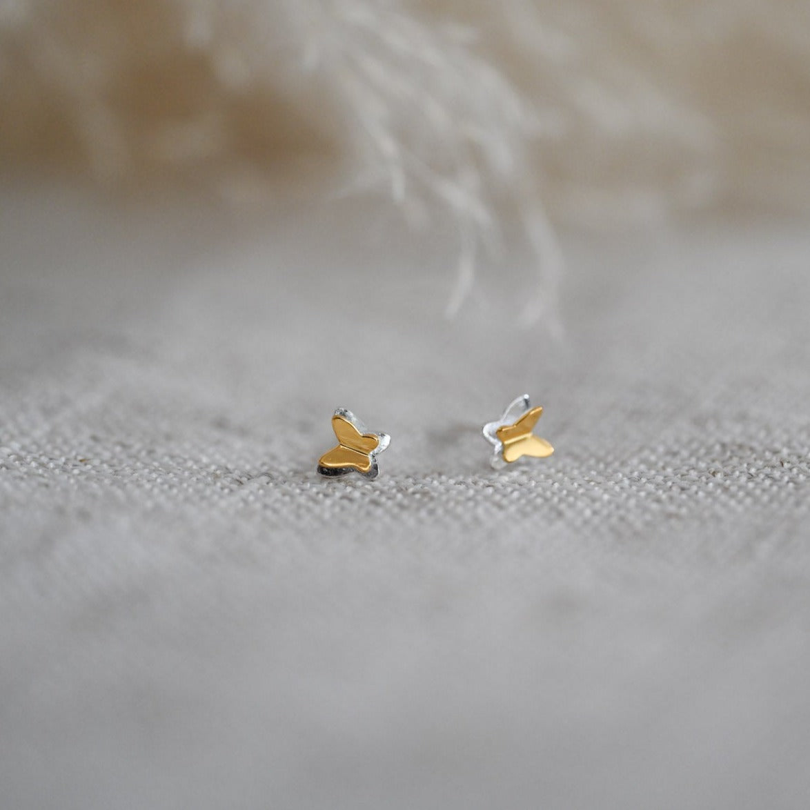 Mini butterfly stud earrings bicolor, 925 silver, 18K gold
