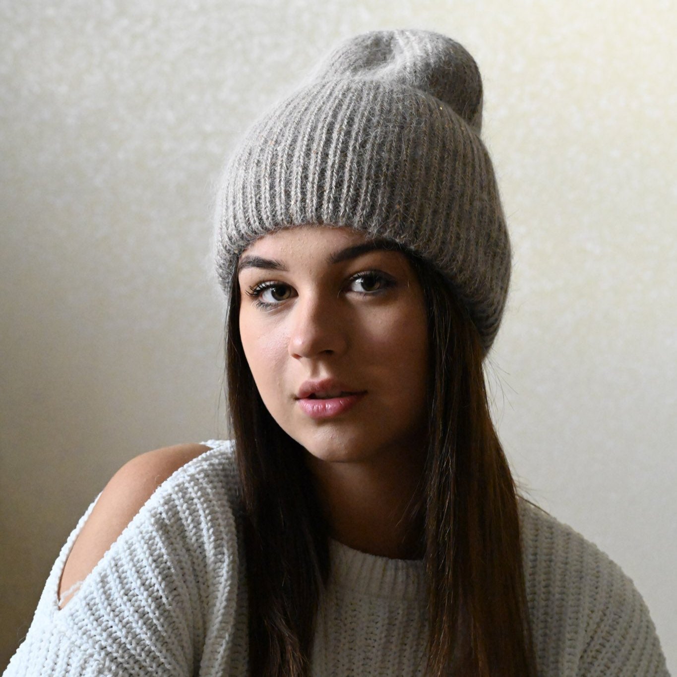 Warm, Soft and Fluffy Angora Beanie, mini sequins, brown