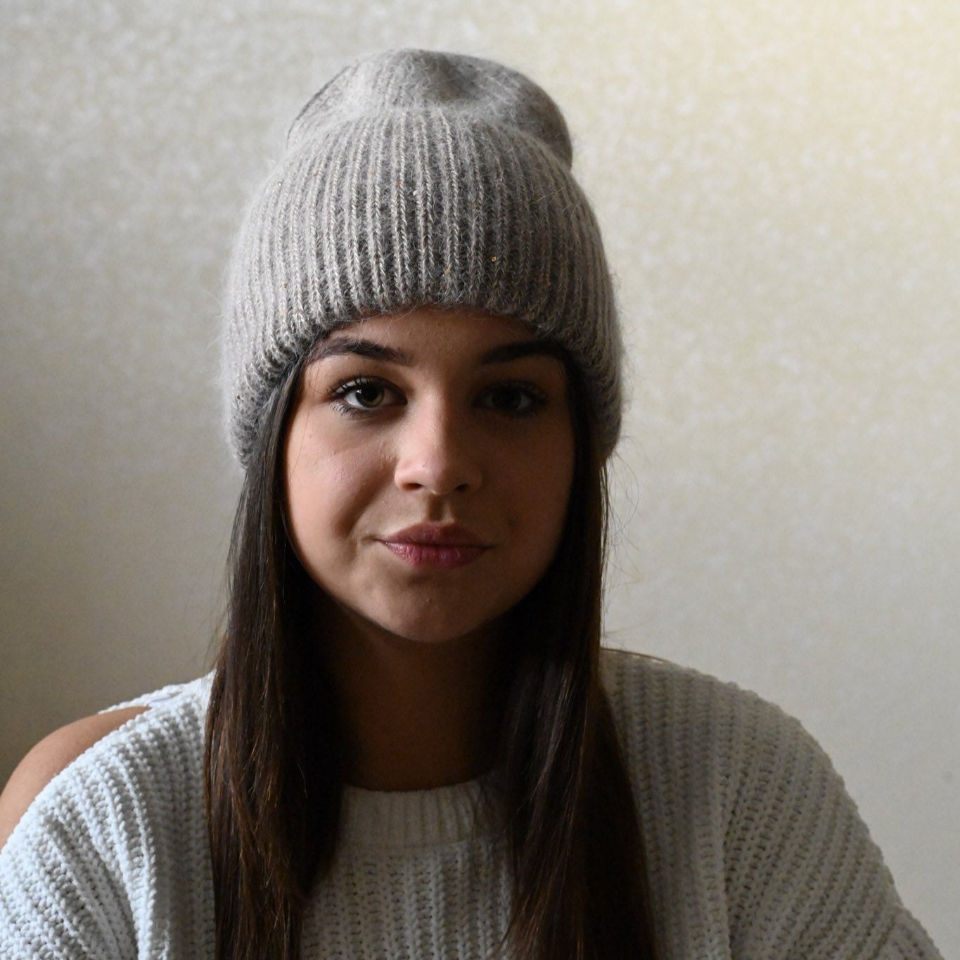 Warm, Soft and Fluffy Angora Beanie, mini sequins, brown
