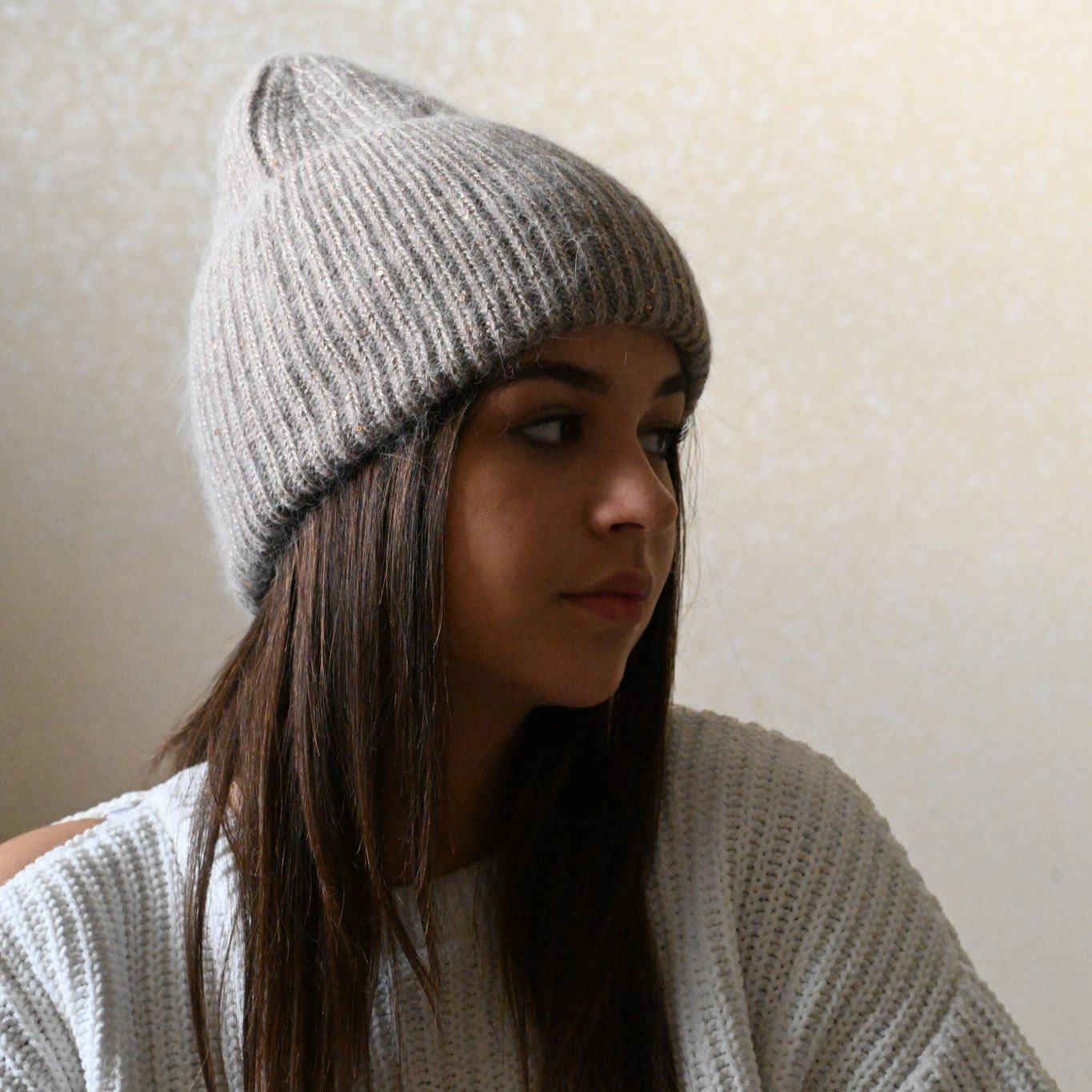 Warm, Soft and Fluffy Angora Beanie, mini sequins, brown