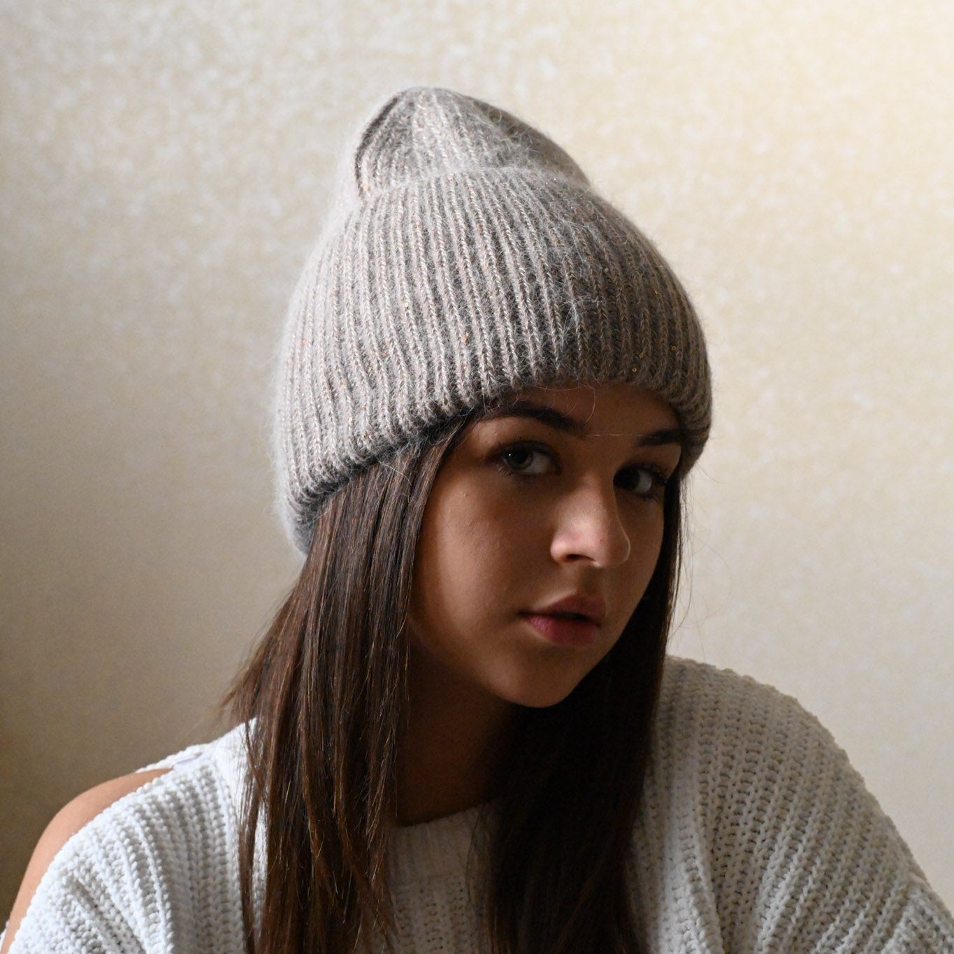 Warm, Soft and Fluffy Angora Beanie, mini sequins, brown