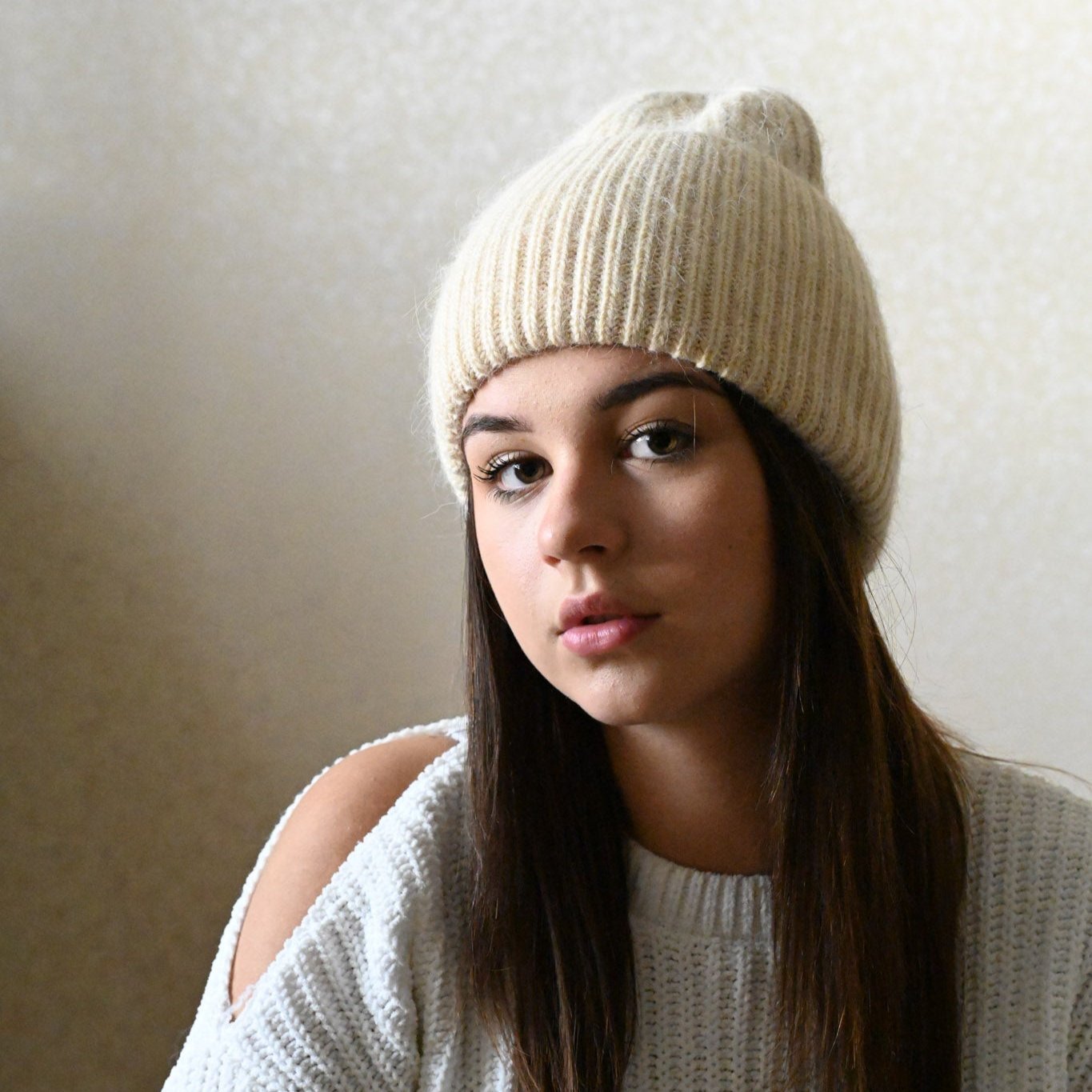 Warm, Soft and Fluffy Angora Beanie, mini sequins, beige