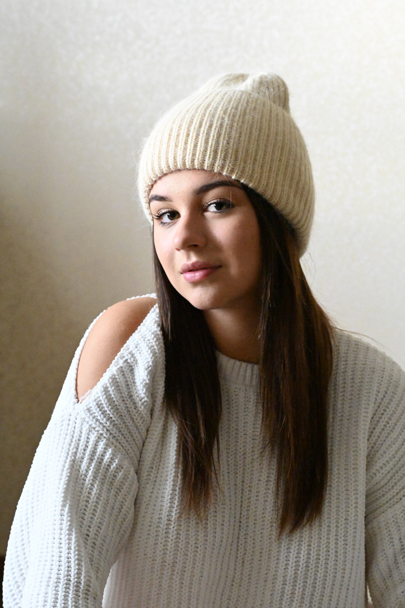 Warm, Soft and Fluffy Angora Beanie, mini sequins, beige