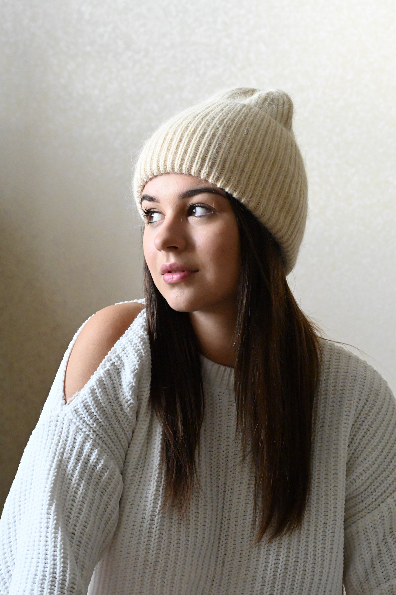 Warm, Soft and Fluffy Angora Beanie, mini sequins, beige