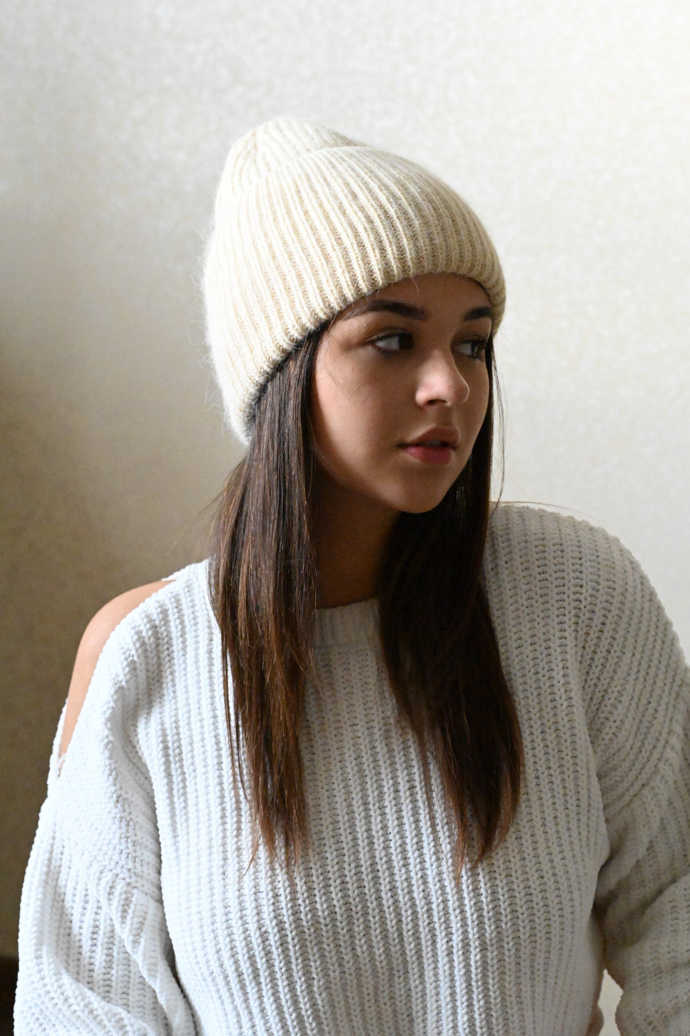 Warm, Soft and Fluffy Angora Beanie, mini sequins, beige