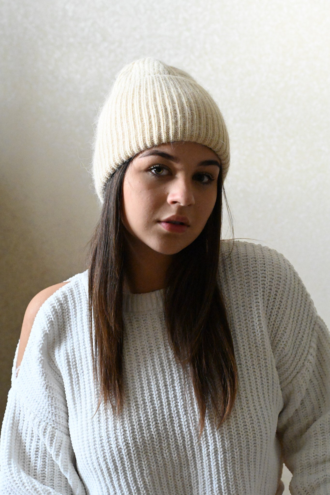 Warm, Soft and Fluffy Angora Beanie, mini sequins, beige