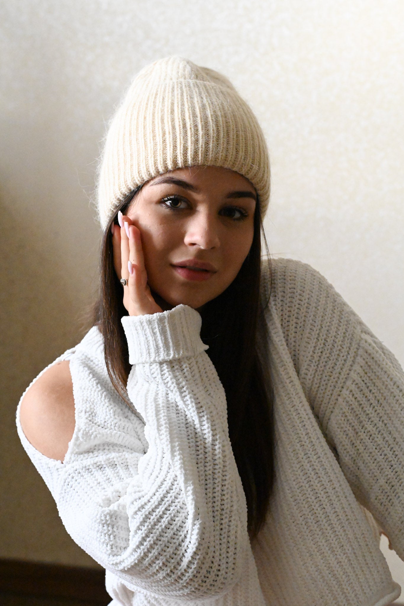 Warm, Soft and Fluffy Angora Beanie, mini sequins, beige