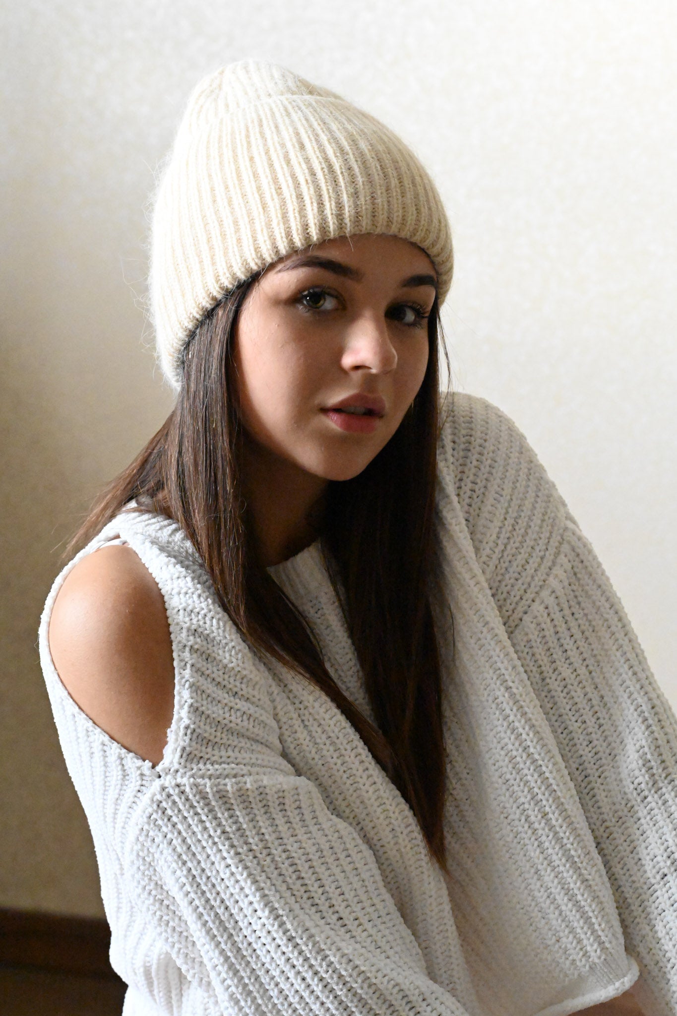 Warm, Soft and Fluffy Angora Beanie, mini sequins, beige