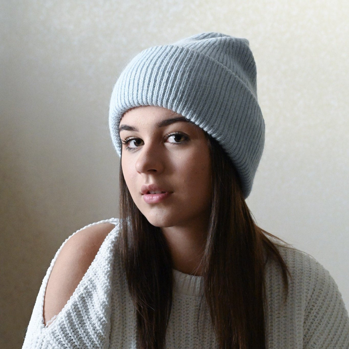 Warm, soft and fluffy Angora Beanie, light blue