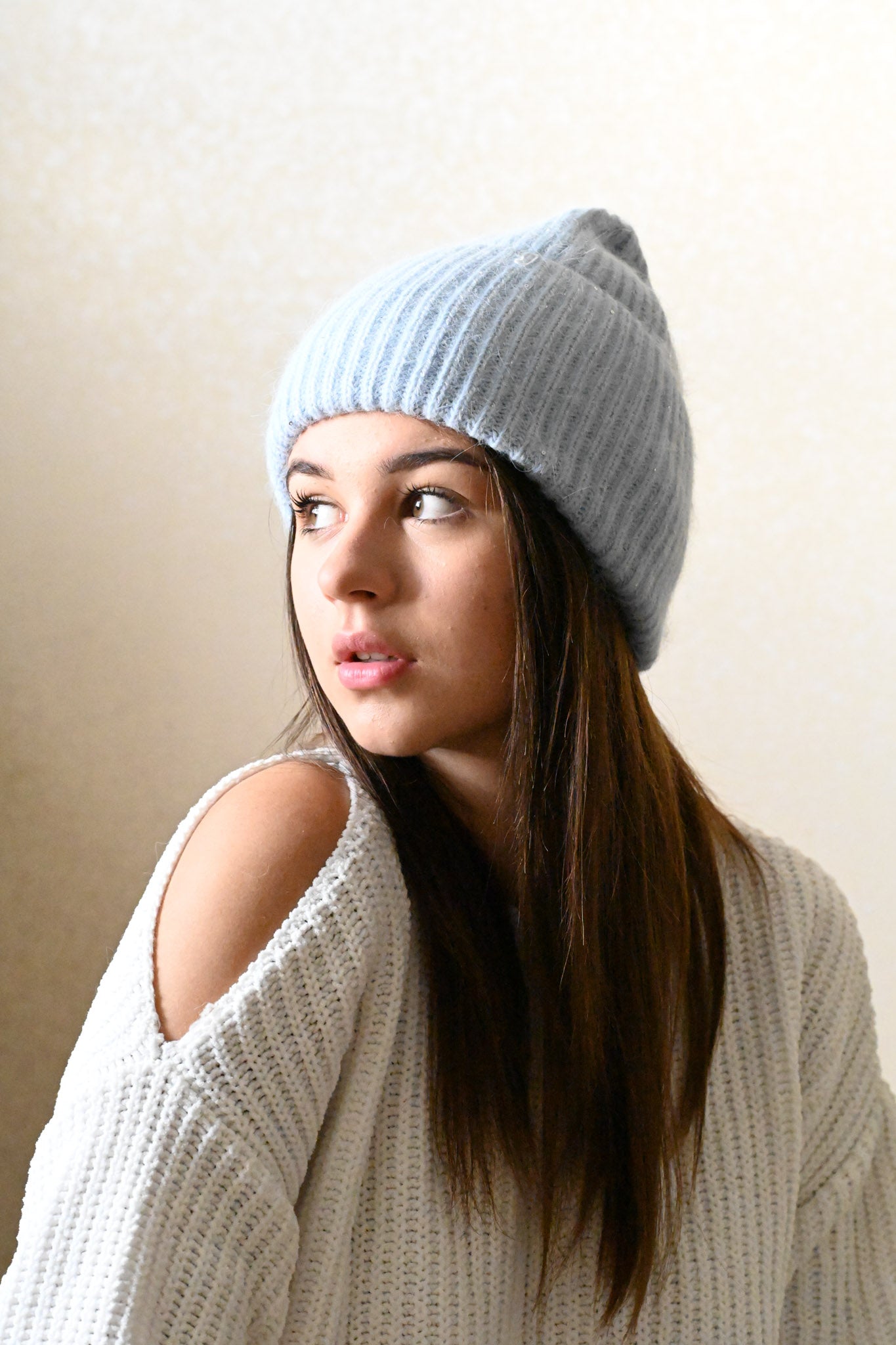 Warm, Soft and Fluffy Angora Beanie, mini sequins, light blue