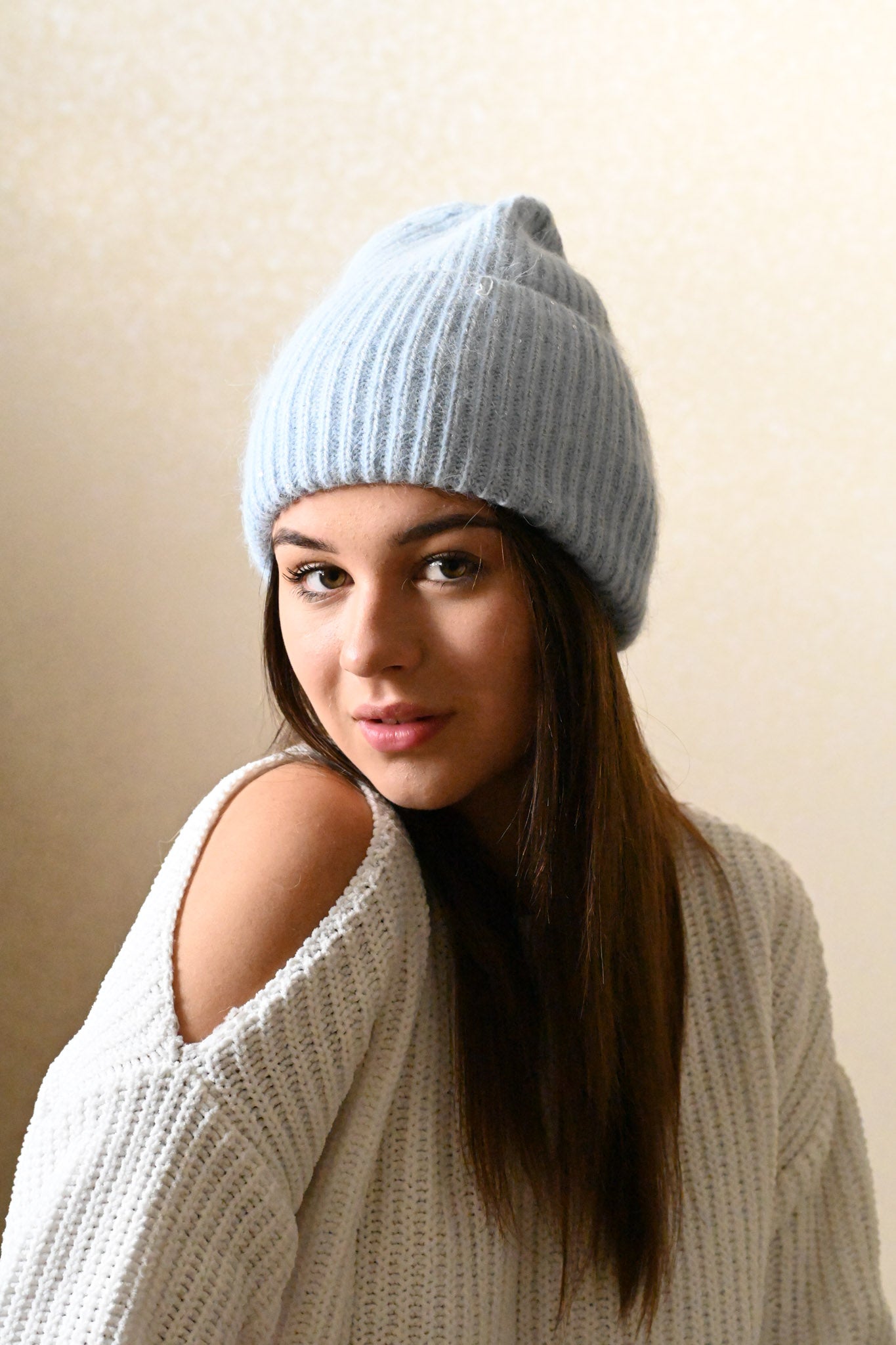 Warm, Soft and Fluffy Angora Beanie, mini sequins, light blue