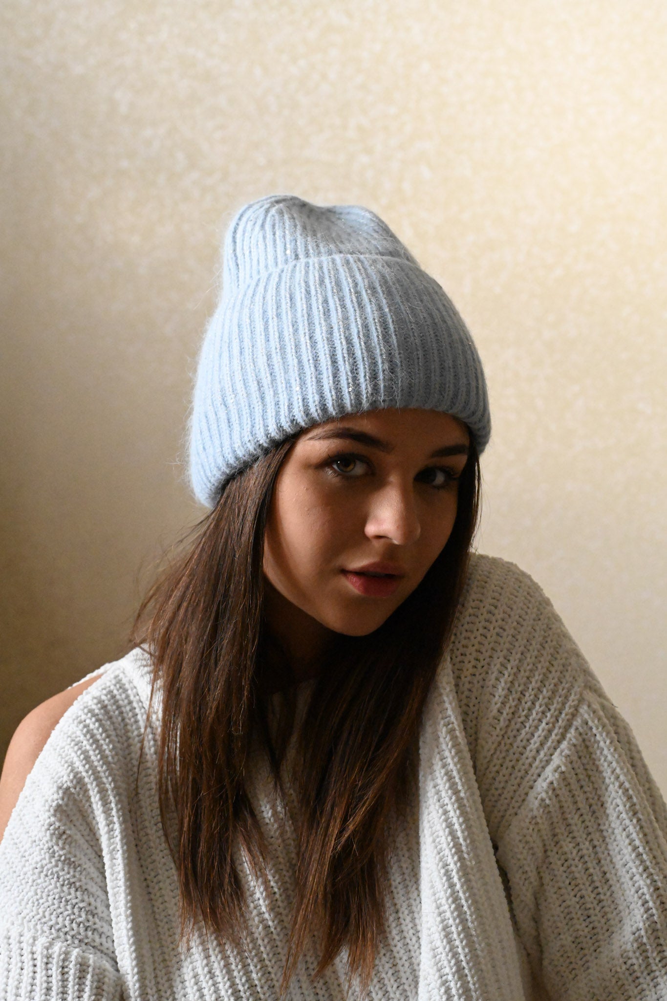 Warm, Soft and Fluffy Angora Beanie, mini sequins, light blue