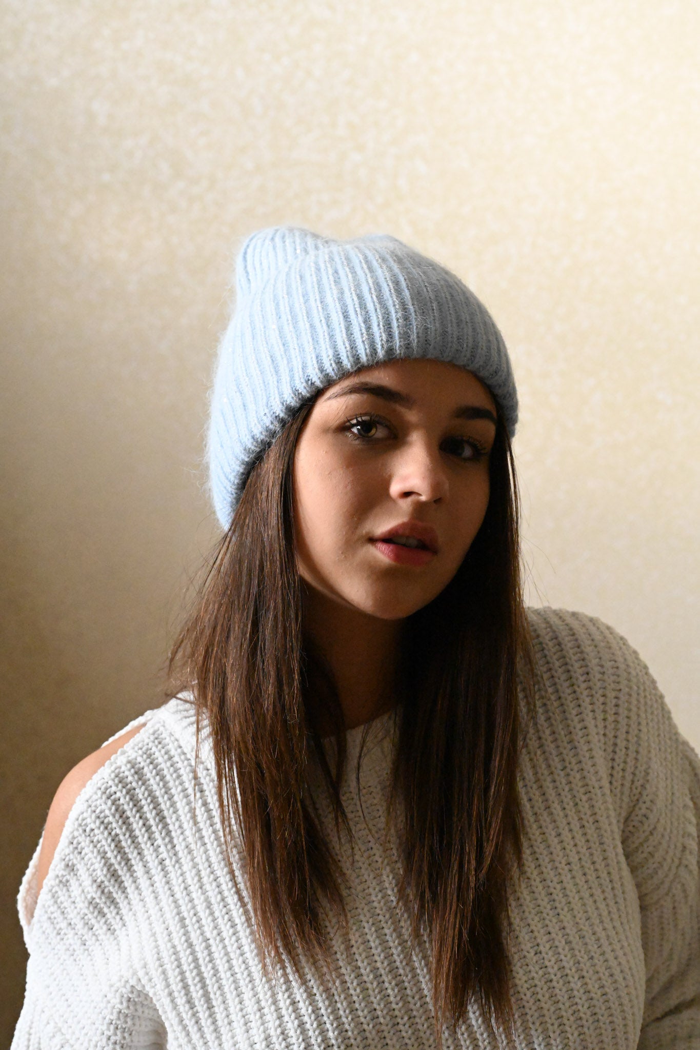 Warm, Soft and Fluffy Angora Beanie, mini sequins, light blue