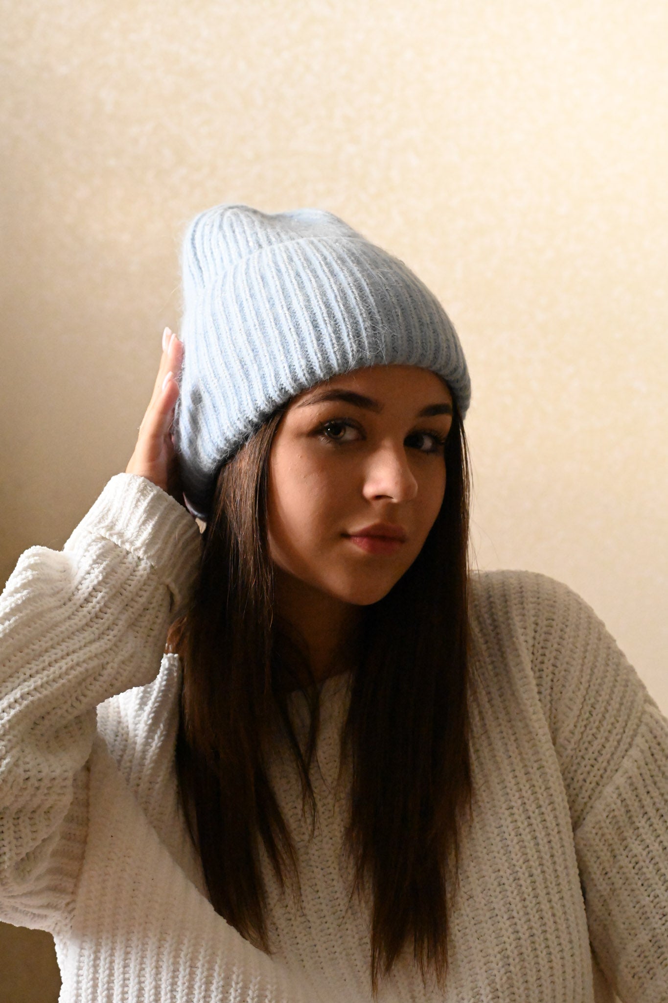 Warm, Soft and Fluffy Angora Beanie, mini sequins, light blue