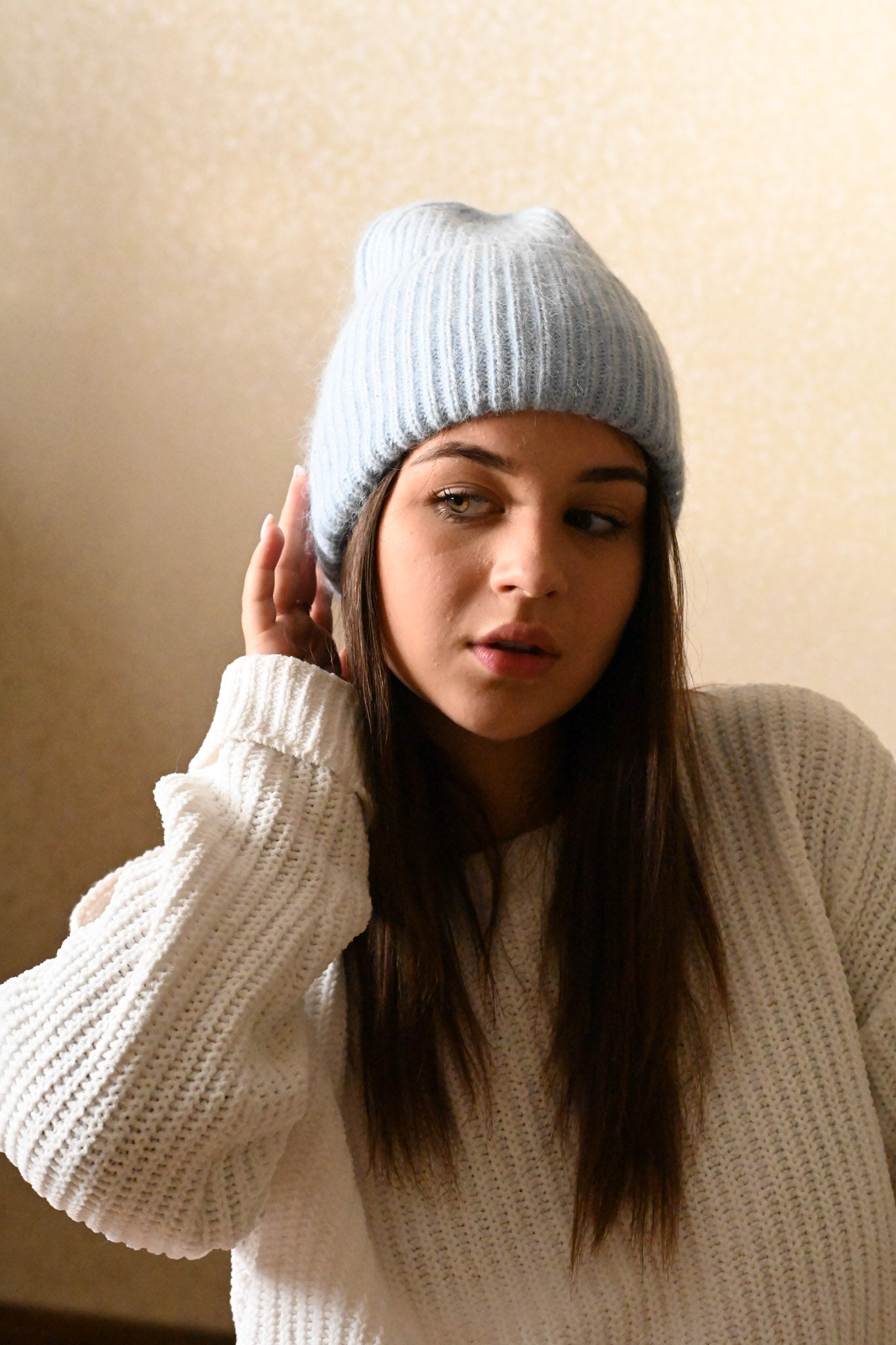 Warm, Soft and Fluffy Angora Beanie, mini sequins, light blue