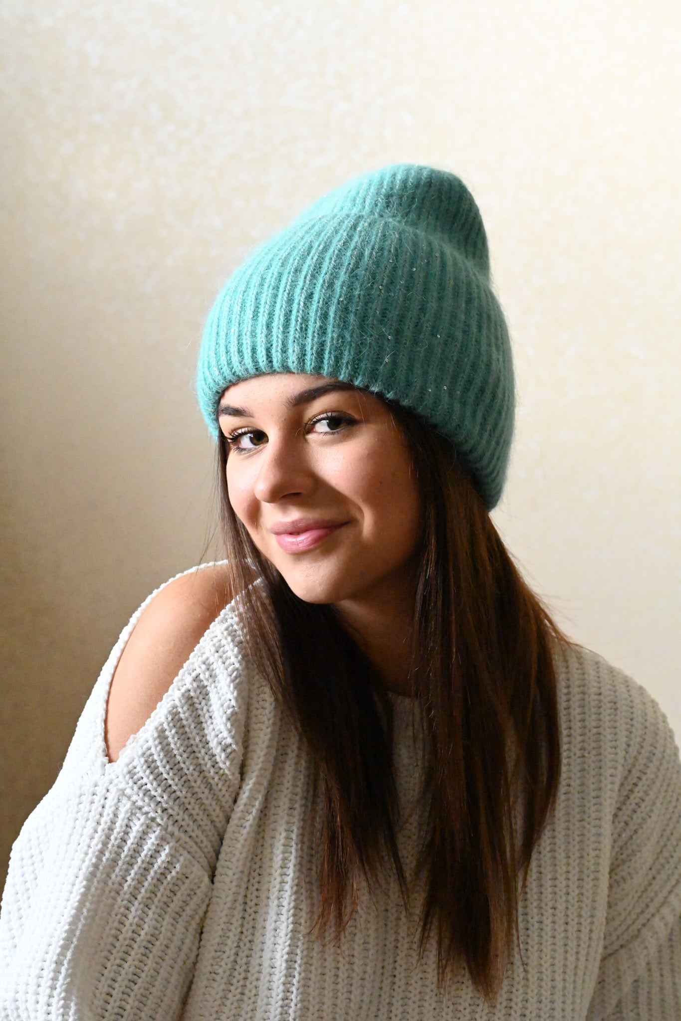 Warm, Soft and Fluffy Angora Beanie, mini sequins, green