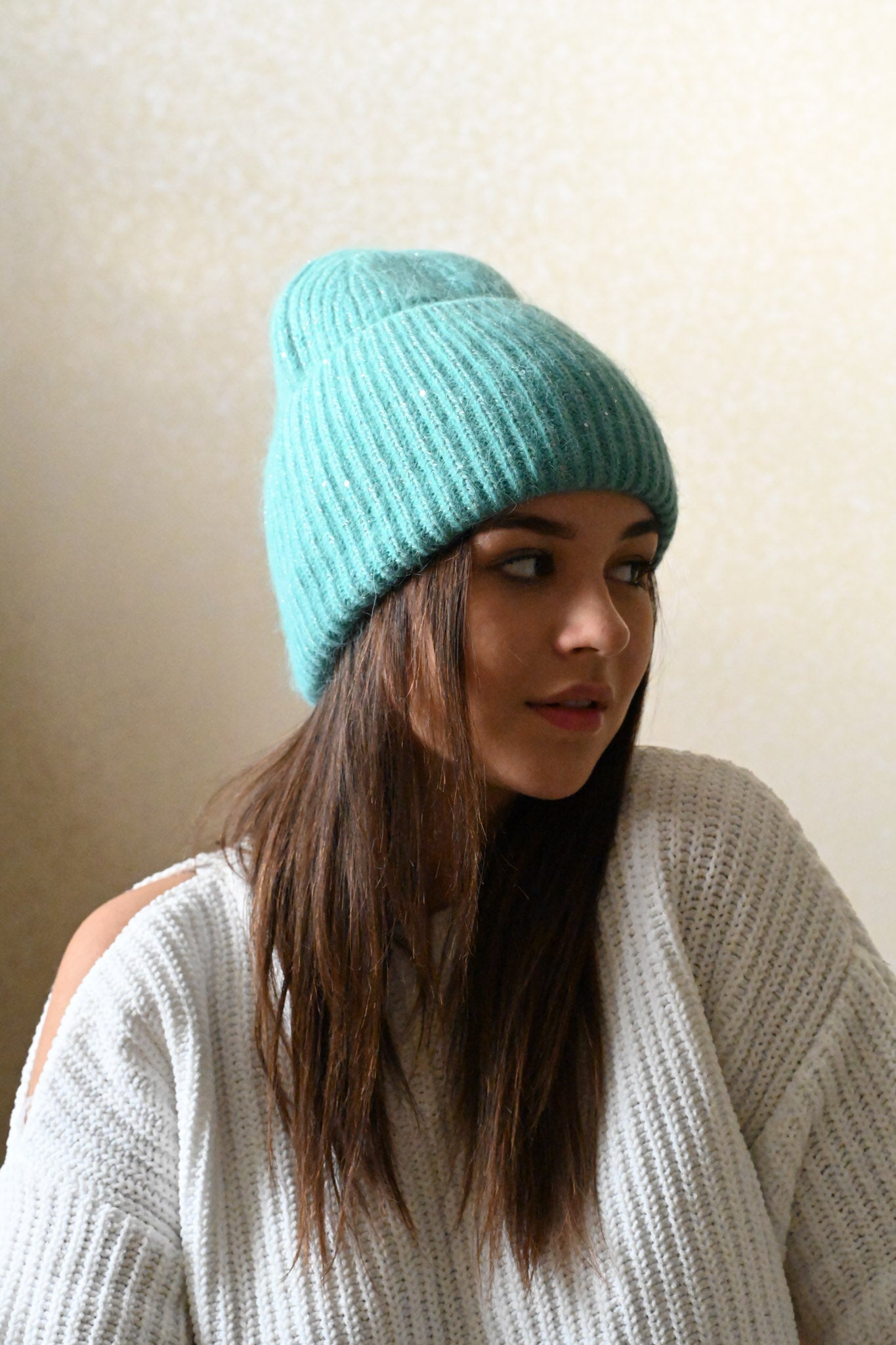 Warm, Soft and Fluffy Angora Beanie, mini sequins, green