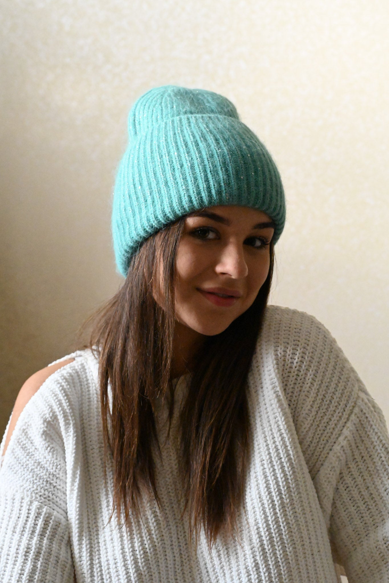 Warm, Soft and Fluffy Angora Beanie, mini sequins, green