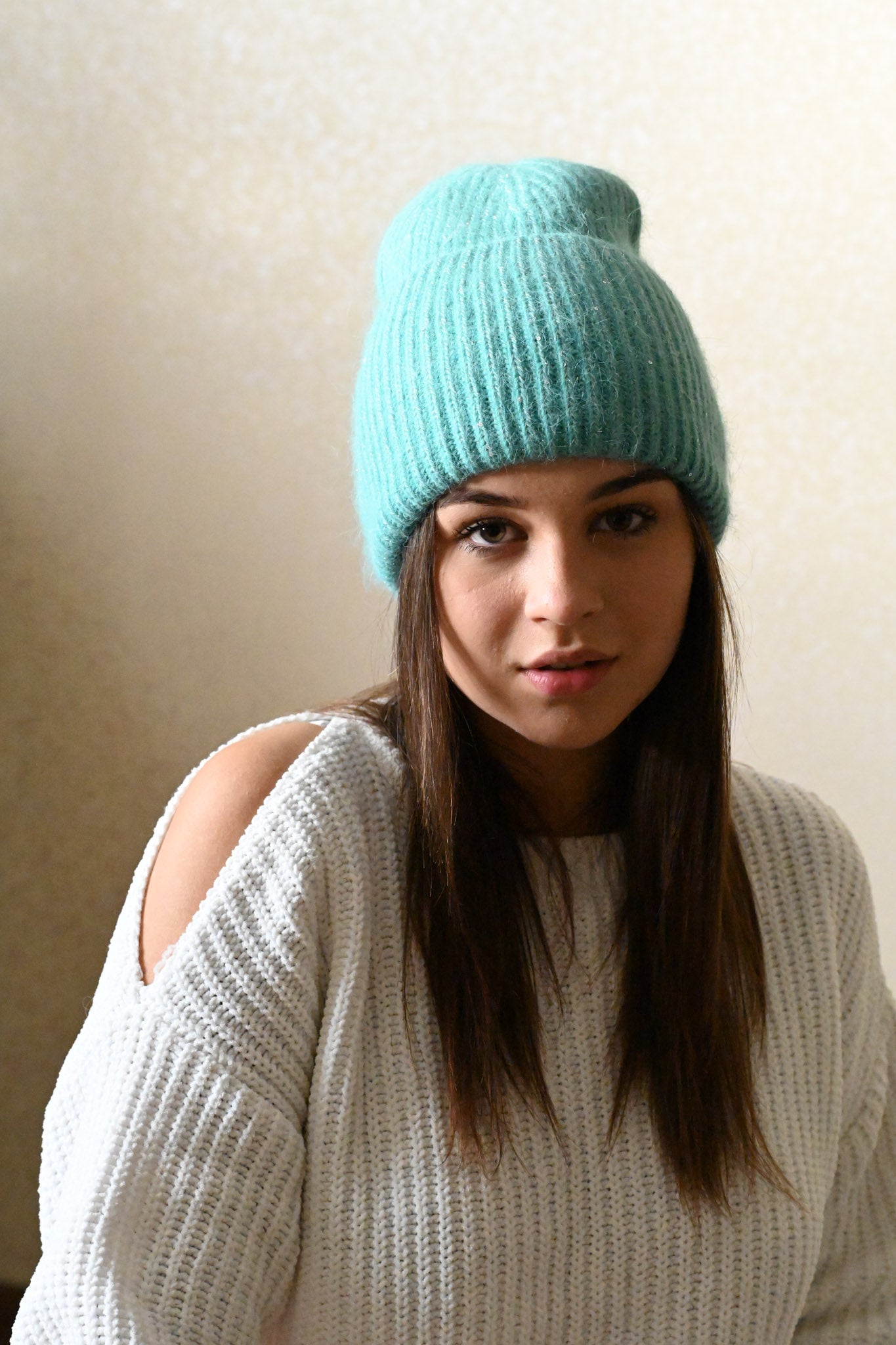 Warm, Soft and Fluffy Angora Beanie, mini sequins, green